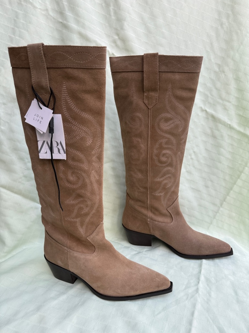 New Zara Taupe Suede Knee-High Western Boots - Picture 4 of 11